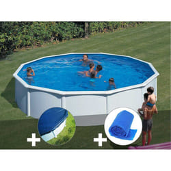 Kit piscine acier blanc Gré Fidji ronde 5,70 x 1,22 m + Bâche hiver + Bâche à bulles