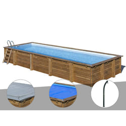 Kit piscine bois Gré Mint 10,10 x 4,18 x 1,46 m + Bâche hiver + Bâche à bulles + Douche