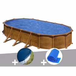 Kit piscine acier aspect bois Gré Mauritius ovale 7,44 x 3,99 x 1,32 m + Bâche hiver + Bâche à bulles