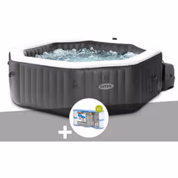 Description générale Spa gonflable octogonal 4 places noir de la marque Intex, modèle haut de gamme de la gamme de jacuzzis g ...