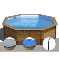 Kit piscine bois Gré Violette 2 Ø 5,00 x 1,27 m + Bâche hiver + Bâche à bulles + Douche