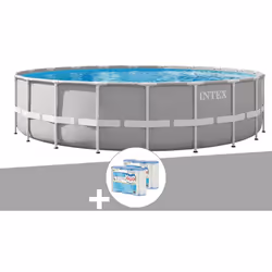 Piscine tubulaire Prism Frame ronde 6,10 x 1,22 m - Intex. Liner en PVC armé triple épaisseur gris clair. Accessoires inclus  ...