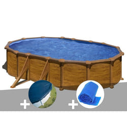 Kit piscine acier aspect bois Gré Mauritius ovale 527 x 327 x 132 m + Bâche hiver + Bâche à bulles