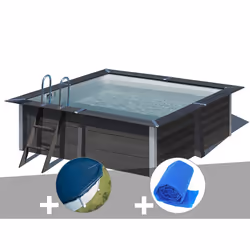 Kit piscine composite Gré Avant-Garde carrée 3,26 x 3,26 x 0,96 m + Bâche hiver + Bâche à bulles