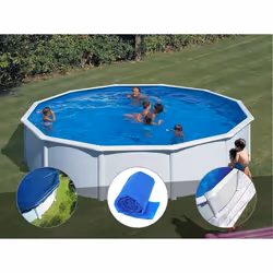 Kit piscine acier blanc Gré Fidji ronde 5,70 x 1,22 m + Bâche hiver + Bâche à bulles + Tapis de sol
