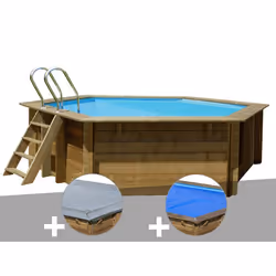 Kit piscine bois Gré Vanille 2 Ø 4,00 x 1,19 m + Bâche hiver + Bâche à bulles
