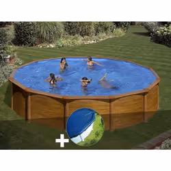 Kit piscine acier aspect bois Gré Mauritius ronde 5,70 x 1,32 m + Bâche hiver