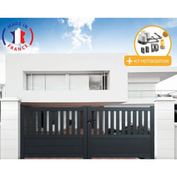 Portail aluminium battant semi-ajouré en kit + Motorisation dimension L.3500 (entre piliers) X H.1300 mm motorisation LOCKYVIA (à bras) Couleurs Gris