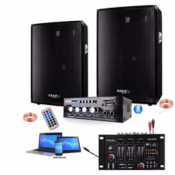 PACK SONO DJ 600W + AMPLI USB BLUETOOTH + 2 ENCEINTES 300W + TABLE DE MIXAGE USB + DIVERS CÂBLES PA DJ SONO MIX SOIREE MASION ...