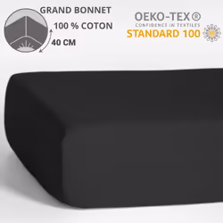 HOMEROKK Drap Housse 160 x 200 cm - 100 % coton - Bonnet 40 cm - Noir