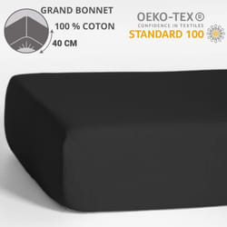 HOMEROKK Drap Housse 160 x 200 cm - 100 % coton - Bonnet 40 cm - Noir