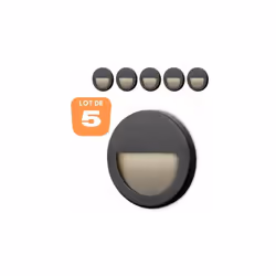 Le lot de 5 spots LED mural VEKTAB2 rond noir 3W 3000K IP65 permet de baliser les escaliers et les couloirs. L'éclairage indi ...