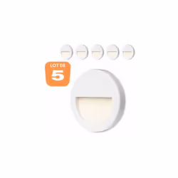 Le lot de 5 spots LED mural VEKTAB1 rond blanc 3W 3000K IP65 permet de baliser les escaliers et les couloirs. L'éclairage ind ...