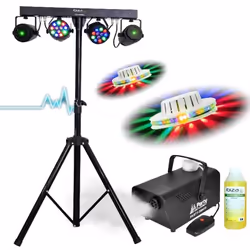 6 JEUX DE LUMIERE + PIED DJ + MACHINE A FUMEE + PRODUIT PACK SONO LIGHT DJ idéal soirée dansante bar club famille disco fête ...