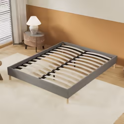 Lit avec sommier 90 x 190cm- Revêtement Tissu Gris- Stable et Robuste- Pieds centraux de Renfort