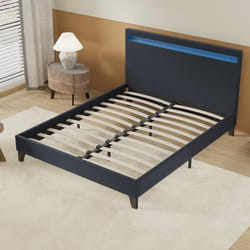 Sensoreve- Lit Double avec sommier et tête de lit LED 140 x 190cm-Noir- Stable et Robuste- Pieds centraux de Renfort