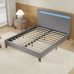Sensoreve- Lit Double avec sommier et tête de lit LED 140 x 190cm-Gris- Stable et Robuste- Pieds centraux de Renfort