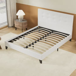 Lit avec sommier & Tête de lit capitonnée - 140 x 190 cm - Blanc - Stable et Robuste avec Pieds centraux de Renfort