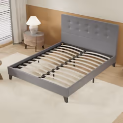 Lit avec sommier & Tête de lit capitonnée - 140 x 190 cm - Gris - Stable et Robuste avec Pieds centraux de Renfort
