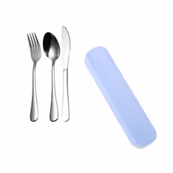 Set de 3 couverts transportable avec boite Beige/Bleu