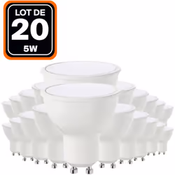 Description générale Lot de 20 ampoules LED GU10 de 5W, équivalentes à des ampoules halogènes de 40W. Conçues pour offrir un ...
