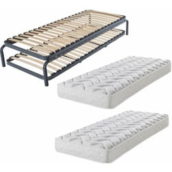 Lit gigogne métal + matelas 80x190 - 20 lattes bois - Gain de place - Made in France