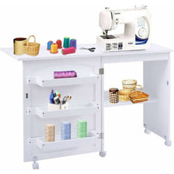 COSTWAY Table de Couture Pliante Meuble pour Machine à Coudre avec 3 Etagères pour Bobines et Roulettes verrouillables