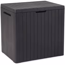 Coffre de rangement extérieur city box effet bois 100 % polypropylène recyclable. Montage facile grâce au système click. Capa ...