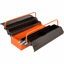 Cette caisse à outils 5 compartiments 1497MBF550 Bahco mesure 530x200x200 mm. Ses poignées sont pliables pour un gain de plac ...