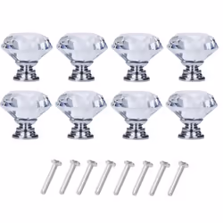 Boutons en verre transparent en forme de diamant - INF - Lot de 8 - Base argentée - Vis fournies