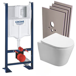 Grohe Pack WC Bâti autoportant + WC sans bride SAT Infinitio + Abattant softclose + Plaque Chrome mat + Set habillage