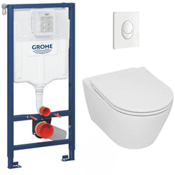 Grohe - Pack wc Bâti-support Rapid sl + wc sans bride Serel SP26, fixations invisibles + abattant softclose + Plaque blanc alpin