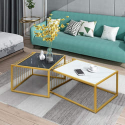 COSTWAY Lot de 2 Tables Basses Gigognes Surface en Marbre Artificiel Réaliste Scandinave Moderne Structure en Métal