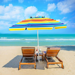 Parasol Pliable 2,2M Mécanisme Inclinable 30° avec Porte-Gobelet Fixation pour Sable Protection UPF50+ Portable Extérieur Arc-en-Ciel - Costway
