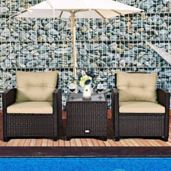COSTWAY Salon de Jardin en Rotin - 3 Pièces - Charge 180KG - 2 Fauteuils et Table Basse avec Plateau en Verre Trempé – Marron