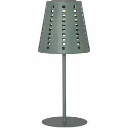 La décoration solaire LED SOLA se compose d'un pied de lampe vert et d'un abat-jour en métal dans lequel ont été découpés des ...