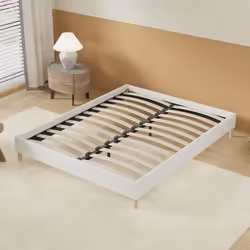 Lit avec sommier 90 x 190cm- Revêtement Tissu Blanc- Stable et Robuste- Pieds centraux de Renfort