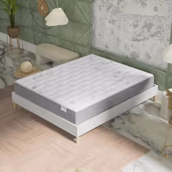 Ensemble matelas + Sommier (140x190cm)- Galice Ressorts ensachés & mémoire de Forme Ép 25cm + Sommier Bois stable Tissu Blanc