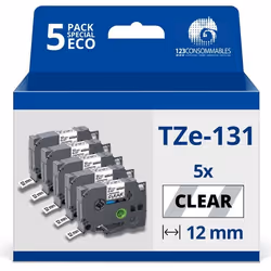123CONSOMMABLES - Pack de 5 Rubans adhésif  avec Brother TZe131 - Texte noir sur fond transparent - Largeur 12 mm x 8 mètres