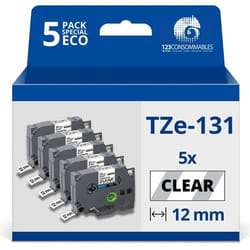 123CONSOMMABLES - Pack de 5 Rubans adhésif  avec Brother TZe131 - Texte noir sur fond transparent - Largeur 12 mm x 8 mètres