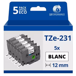 123CONSOMMABLES - Pack de 5 Rubans adhésifs  avec Brother TZe-231- Texte noir sur fond blanc - Largeur 12 mm x 8 mètres