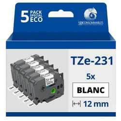 123CONSOMMABLES - Pack de 5 Rubans adhésifs  avec Brother TZe-231- Texte noir sur fond blanc - Largeur 12 mm x 8 mètres