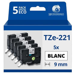 123CONSOMMABLES - Pack de 5 Rubans  avec Brother TZe221 - Texte noir sur fond blanc - Largeur 9 mm x 8 mètres