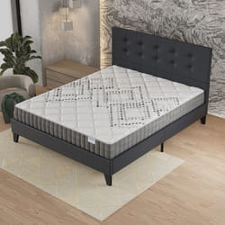 Ensemble MATELAS + LIT (120x190cm)- Eliha 20cm Ressorts ensachés & Mousse HDensité + Sommier stable & tête de lit revêtement Noir
