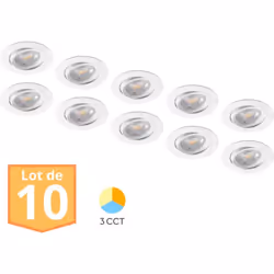 Le lot de 10 spots LED encastrables 3en1 rond blanc 7W IP20 se distingue par ses spots munis d'interrupteurs de couleurs au d ...