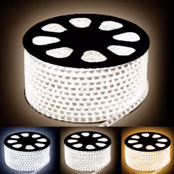 Apportez une lumière puissante et homogène à vos espaces grâce au Ruban LED 220V Recoupable 5050 50M IP65 60LED/m. Étanche, f ...