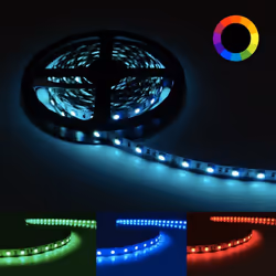Ruban LED RGB 12V, d'une longueur de 5 mètres et doté de la technologie SMD5050, qui permet un éclairage conséquent, puissant ...