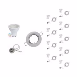 Ce pack de 10 Kit spot LED GU10 contient : - Un support de spot GU10 orientable, rond et blanc. - Une douille GU10. - Une amp ...