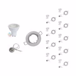 Ce pack de 10 Kit spot LED GU10 contient : - Un support de spot GU10 orientable, rond et blanc. - Une douille GU10. - Une amp ...