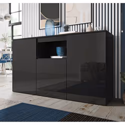 Buffet Bahut 3 portes pour salon ou salle à manger Rangement 140 x 82 x 40 cm Couleur Noir avec Finition Brillante Nevada